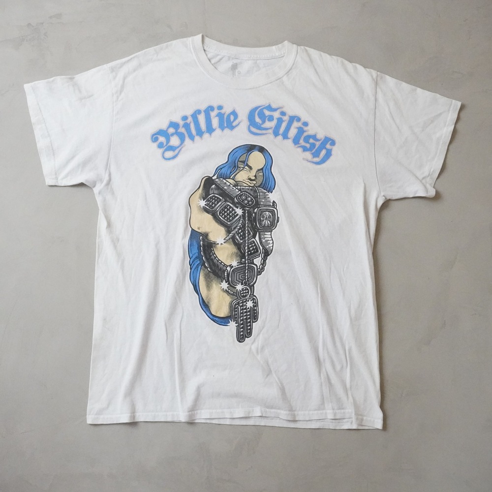 Billie Eilish Graphic T-Shirt XL White Anime Style Chains Blue Gothic Logo Tee